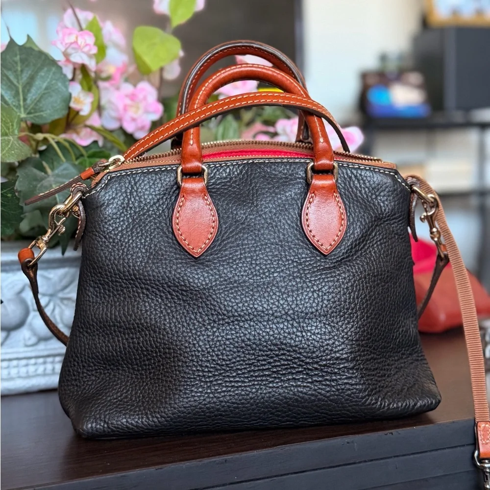 Dooney & Bourke Black Pebble Leather Satchel with Brown Trim